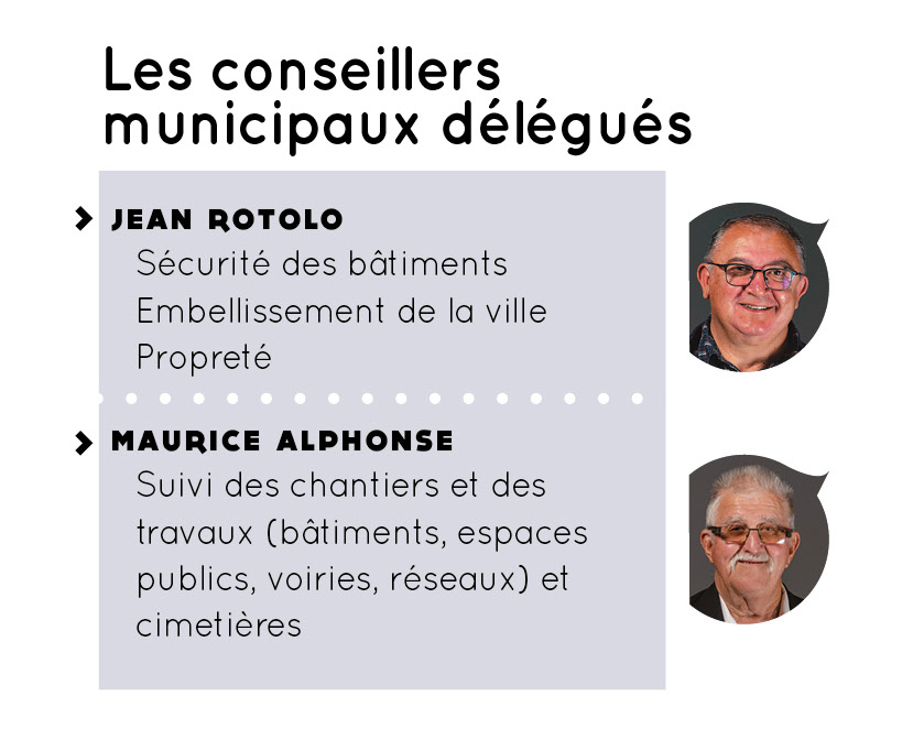Conseillers municipaux délégués avec Mebrok Boukersi : Jean Rotolo (sécurité des bâtiments, embellissementde la ville, propreté), Maurice Alphonse (suivi des chantiers et des travaux (bâtiments, espaces publics, voiries, réseaux) et cimetières)