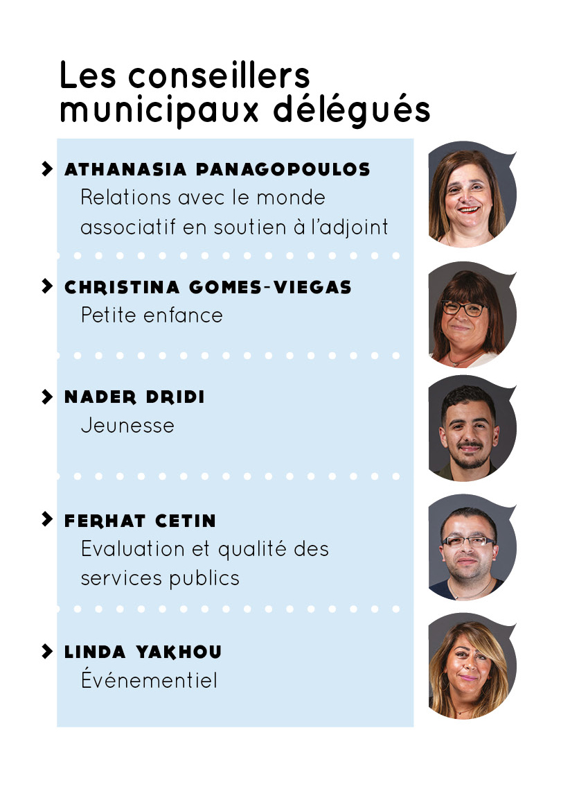 Conseillers municipaux délégués avec Maxime Ninfosi : Athanasia Panagopoulos (relations avec le monde associatif en soutien à l'adjoint), Christina Gomes-Viegas (petite enfance), Nader Dridi (jeunesse), Ferhat Cetin (évaluationet qualité des services publics), Linda Yakhou (évènementiel)